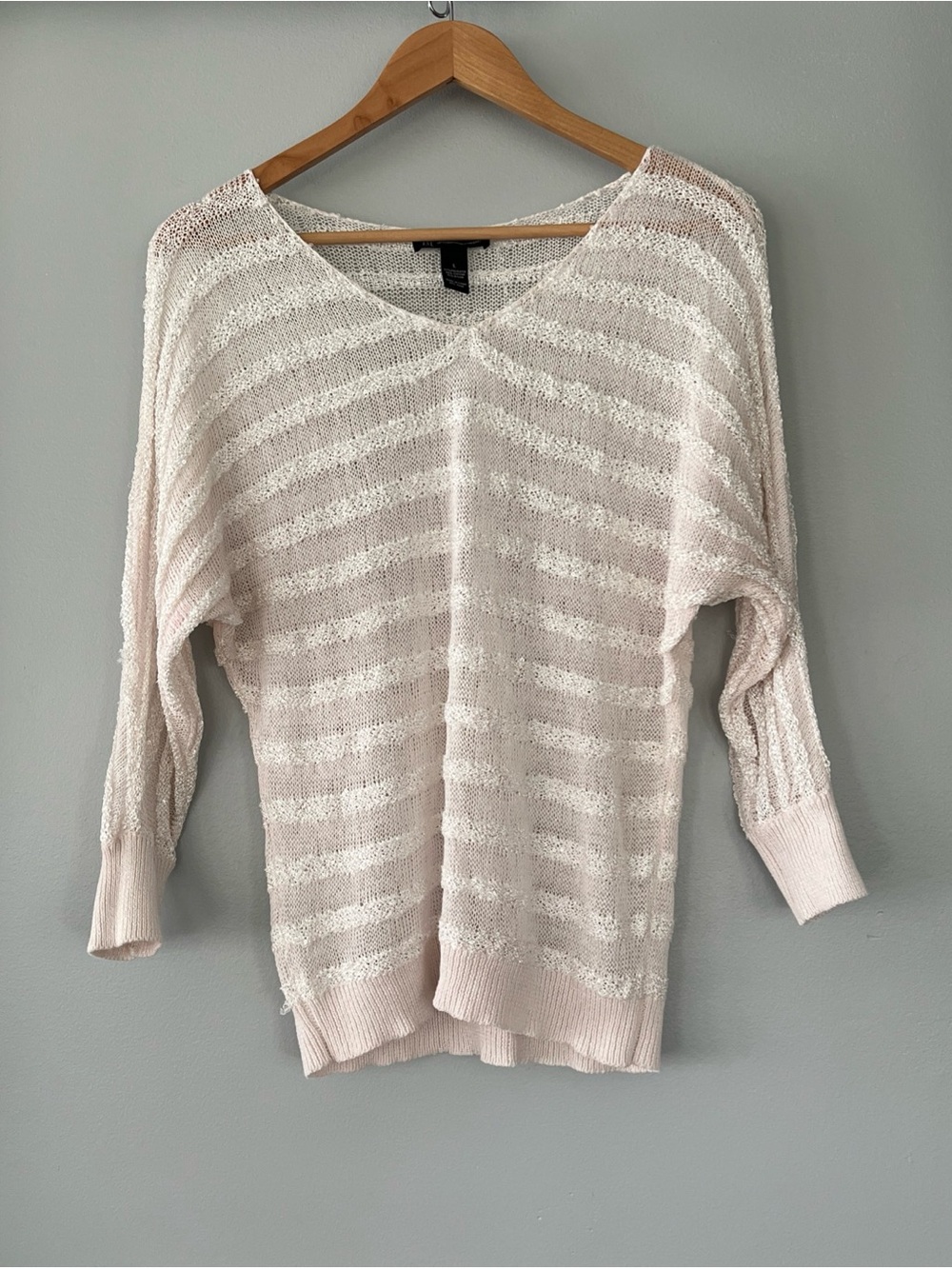 INC International Concepts Light Pink & White Striped V-Neck Sequin Sheer Top